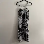 H&M Women XS Black White Tropical Beach Palm Tree Print Woven Midi Sundress NWT