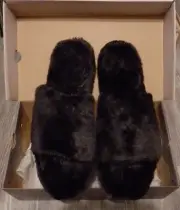 BEARPAW Maxine Slide Faux Fur WOMENs Slipper Black XL 11-12, width M - NIB