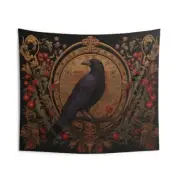 Medieval Tapestry Featuring a Raven and Roses | Raven Goth Wall Art Decor