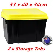 2 x Black Plastic Storage Tub 42L Yellow Lid 53x40x34cm Heavy Duty Container