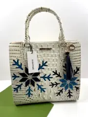 NWT Brahmin Caroline Snowball Snowdrift Embossed Leather Satchel White Blue NWT