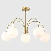 BOKT Mid Century Modern Gold Chandelier Large 5 Light White Globe Sputnik Chandelier Height Adjustable Milk Glass Hanging Pendant Lights Kitchen Island Vintage Dining Room Brass Ball Chandelier