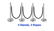 4 Silver Queue Barriers Stand 3 Twisted Ropes Crowd Control Bollard Stanchion