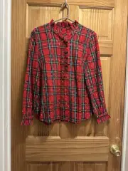 Talbots Solstice Plaid Metallic Button Front Top Size Large