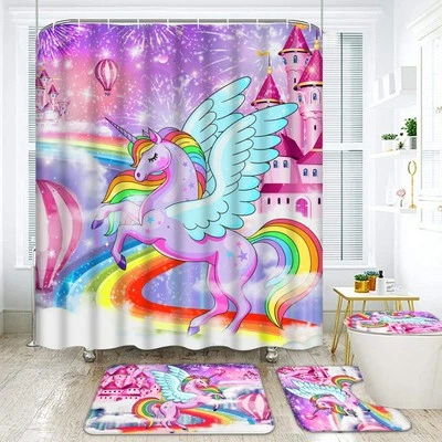 4 Pcs Bath Mat Non-slip Toilet Bathroom Unicorn Kids Shower Curtain Set Memory
