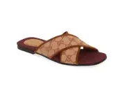 Gucci Women GG Logo Cross Strap Canvas Slide Sandal Beige Tan Size 39.5 NIB $620