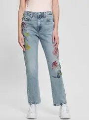 GUESS Mid-Rise Girly Straight Leg Denim Jeans in Mid-Wash Size: 30, Cotton
