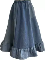 Girl skirt light blue jean denim patchwork cotton long full modest size S 5 6 7
