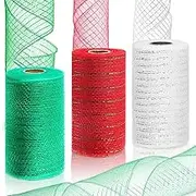 Rustark 3 Rolls Each 6 Inch x 10 Yards Deco Mesh Ribbon with Metallic Foil Red Sliver Green Poly Mesh Ribbon for Wreath Christmas Tree Decoration Gift Wrap DIY Craft (15cm x 1.5m/Roll)