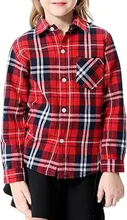 [SANGTREE] Girls'Plaid Flannel Shirt Button Up Cotton Shirts, Red Navy Plaid, 6 Years
