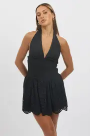 Black Halter Neck Dress Mini Eyelet Fabric - Size 16XL, Women's Skater Dress