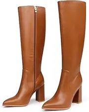 [COLETER] Women's Knee High Boots Pointed Toe Chunky Gogo Boots Zipper Block Heeled Tall Dress Boots