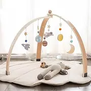 Ikubigu Wooden Baby Gym Foldable Baby Play Gym Frame Activity Center Hanging Bar with 6 Toys for Sensory Exploration and Motor Skill Development，Newborn Girls Boys（Without Play Mat）
