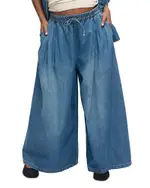 Ingrid & Isabel Wide Leg Drawstring Denim Maternity Pants in Med Wash