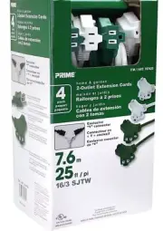 New 4PK Prime 2-Outlet 25 ft Extension Cord with Exclusive "Y" Connector