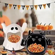 DIYDEC 2pcs Halloween Candy Bowls, Bat Ghost Ceramic Dish Candle Holder Tiered Tray Ornament Tableware Party Decor