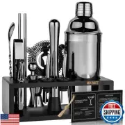 Black Stainless Steel Cocktail Shaker Set with Wood Stand - 15 Piece Bartende