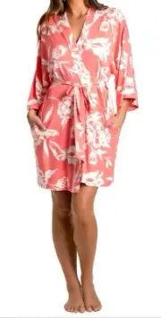 Linea Donatella Women's Printed 3/4-Sleeve Robe - Coral Orange White S/M $56