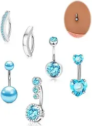 [Thalorix] 6PCS Belly Button Rings Stainless Steel 14G Belly Rings Blue CZ Pearl Clicker Belly Button Piercings for Women Navel Piercings Pack, Silver, 14G, 10mm, Stainless Steel Cubic Zirconia, cubic