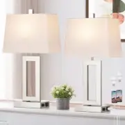 Table Lamp Set of 2 with USB C+A Ports & AC Outlet, Bedside Lamps, Silver(Base)