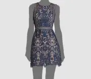 New $168 Aqua Women's Blue Embroidered Fishnet Lace Short Dress Size S