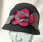 Big Buddha Hat Ladies Black Cloche Wool with Fuchsia Gray Flowers NWT