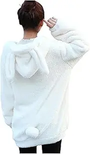 [YUNZLAN] Fluffy Fashion Tail ears Hoodie for Women girl,Winter Warm Plush Sweatshirt Sweater Jacket coat Long Sleeve Hoodies