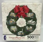 NEW ceaco Thomas Kinkade Christmas Cottage Collection 500pc Wreath Shaped Puzzle