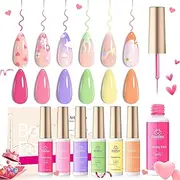 beetles Gel Polish Nail Art Polish Set, Gel Liner Nail Design Polish Art Kit Paint For Nail 6 Colors Pastel Yellow Green Nude Pink Purple Orange Swirl Built Thin Nail Art Brush Curing Requires beetles Gel Polish Vday