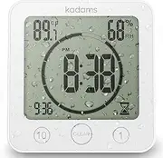 KADAMS Digital Bathroom Shower Kitchen Clock Timer with Alarm, Waterproof for Water Splashes, Visual Countdown Timer, Time Management Tool, Indoor Temperature Humidity, Suction Cup, Hole Stand (White)