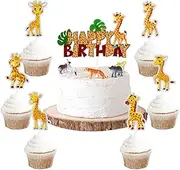 Giraffe Happy Birthday Cupcake Toppers, Giraffe Wild One Baby Boy Girl Birthday Cake Topper - Jungle Safari Zoo Party Decoration （7 Pcs）