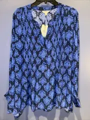 2X Womens Blouse, Long Sleeve Pleated Boho, Blue Black Floral Terra Sky, NWT