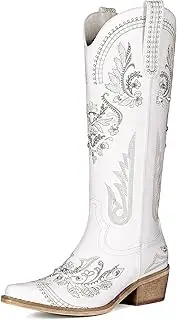 [Lumeheel] Cowboy Boots for Women - Knee High Western Cowgirl Boots, Sparkly Rhinestone Retro Country Boots with Classic Embroidered, Pointed Toe Chunky Heel Pull on Zipper Fashion Vintage Tall Boots