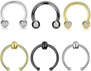 [Amoina] Stainless Steel Silver Black, and Gold Nose Rings with Gemstone Accents, Set of 6, Small, Stainless Steel, zircon gemstone