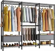[Golpart] Freestanding Closet Heavy Duty Clothes Rack,Closet Organizers and Storage System with 6 Adjustable Shelves,4 Hang Rods,2 Fabric Baskets,2 Hooks,Metal Garment Rack Wardrobe,MaxLoad 1000lbs