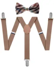 Bowtie & Suspender Set - Beige Checkered Bowtie & Beige Suspenders - Boys Sus...
