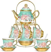 Gandeer 20 Pieces Vintage Flower Porcelain Tea Set for Adults with Metal Holder European Ceramic Tea Party Set Cup Gold Plated Saucer for Women, Serving 6 People(Modern)