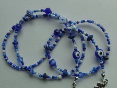 BLUE TONES GLASS SEED BEADS EVIL EYE EYEGLASS CHAIN HOLDER + LOBSTER CLASPS