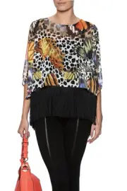 Ark & Co Animal Print Butterfly Top Size Small Sheer Fringes Open Back Boho NWT