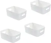 Set of 4 White Plastic Storage Basket, Plastic Storage Basket, Plastic Basket with Handle (White)