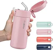 Exllena 10oz Small Insulated Water Bottle with One-Touch Soft Straw Lid, Double-Wall Vacuum Small Travel Water Bottle for Cold&Hot Drinks–Leak-Proof, Mini Flask for Handbag, Yoga, Sport(Pink)