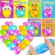 24Pack Valentines Day Gifts for Kids Classroom Heart Stress Balls with Valentines Day Cards for Kids School Class Exchange Fidget Sensory Mochi Squishy Toys Valentine Party Favors for Toddler Boy Girl