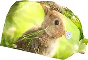 [WOSHJIUK] Working Hat 2 Pack Scrub Caps for Women,Rabbit Bunny Grass,Tie Back Cap Adjustable Scrub Hat