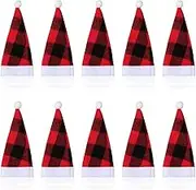 Mini Santa Hats, 10 Pcs Christmas Red Plaid Hats for Christmas Decor, Silverware, Wine Bottle, Party Supplies (4.72 * 2.36in)