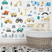 Construction Vehicles Wall Stickers - Construction Themed Trucks Excavator Crane Bohemian Style Wall Decals Peel and Stick Wall Decors for Bedroom Room Nursery Playroom