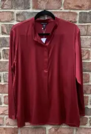 NWT Eileen Fisher Deep Claret Stretch Silk Charmeuse Mandarin Collar Top $278 3X