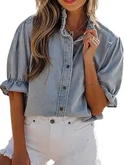 [Deer Lady] Women's Blouses Tie Front Babydoll Bubble Short Sleeve Shirt Peplum Crewneck Denim Shirt