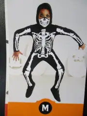 Skeleton Boys Costume Medium Black Jumpsuit Hooded Mask White Hide Eek Kids New