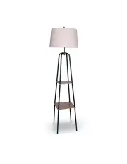 [Sarantino] Etagere Floor Lamp Shelves Black Frame Round Linen White Fabric Shade Stand