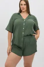 Green Elastic Waist Pull On Cotton Shorts